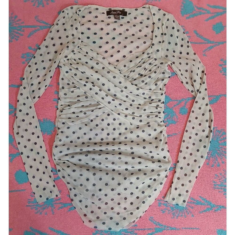 90's vintage sweet pea womens medium mesh ruched polka dot cream top the nanny